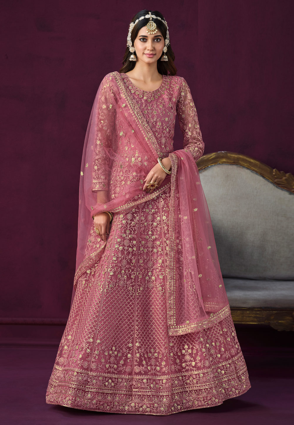 Pink Net Embroidered Long Anarkali Suit 278859