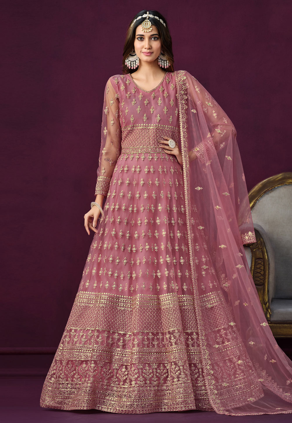 Pink Net Embroidered Long Anarkali Suit 280041