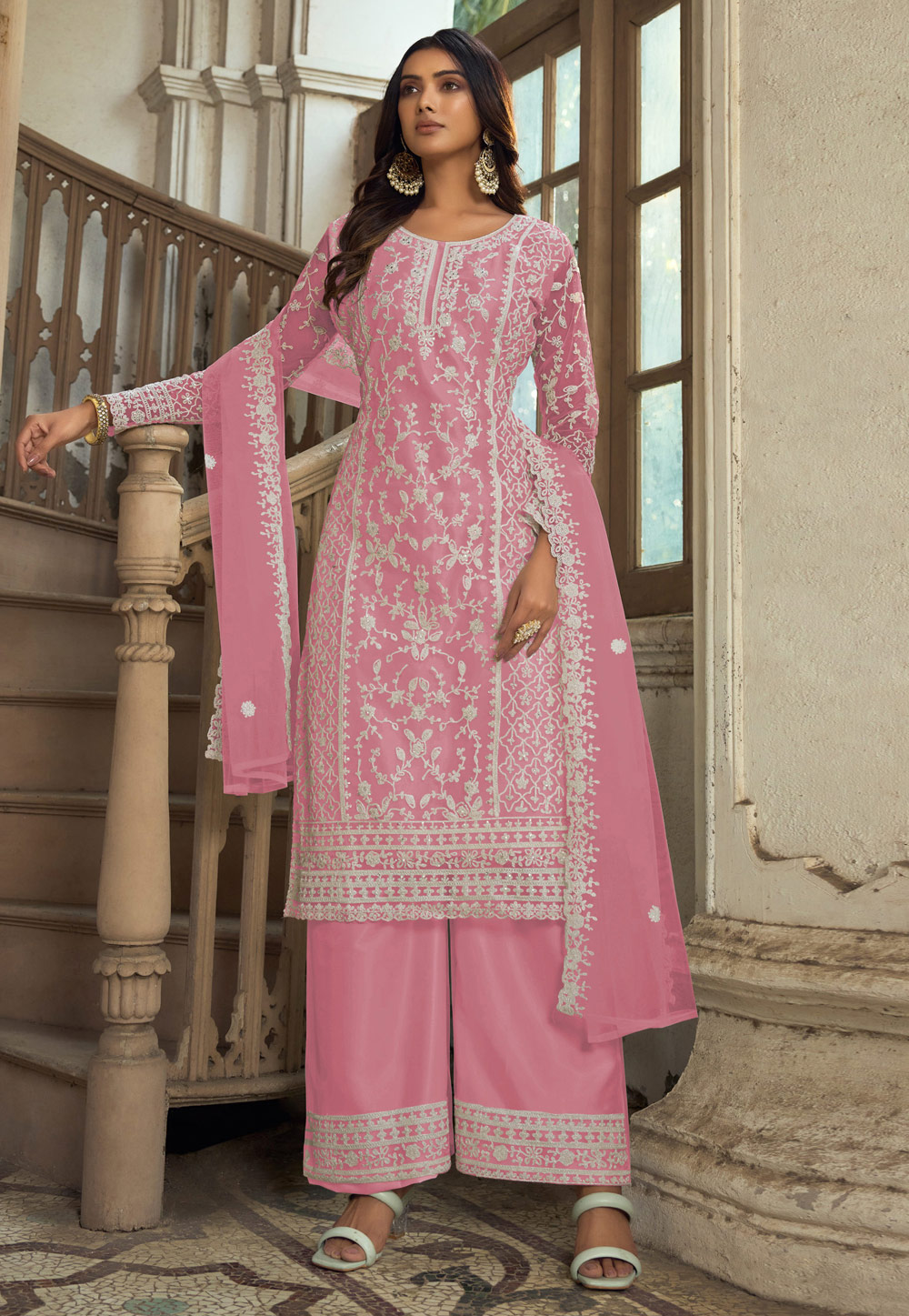 Pink Net Embroidered Pakistani Palazzo Suit 278509
