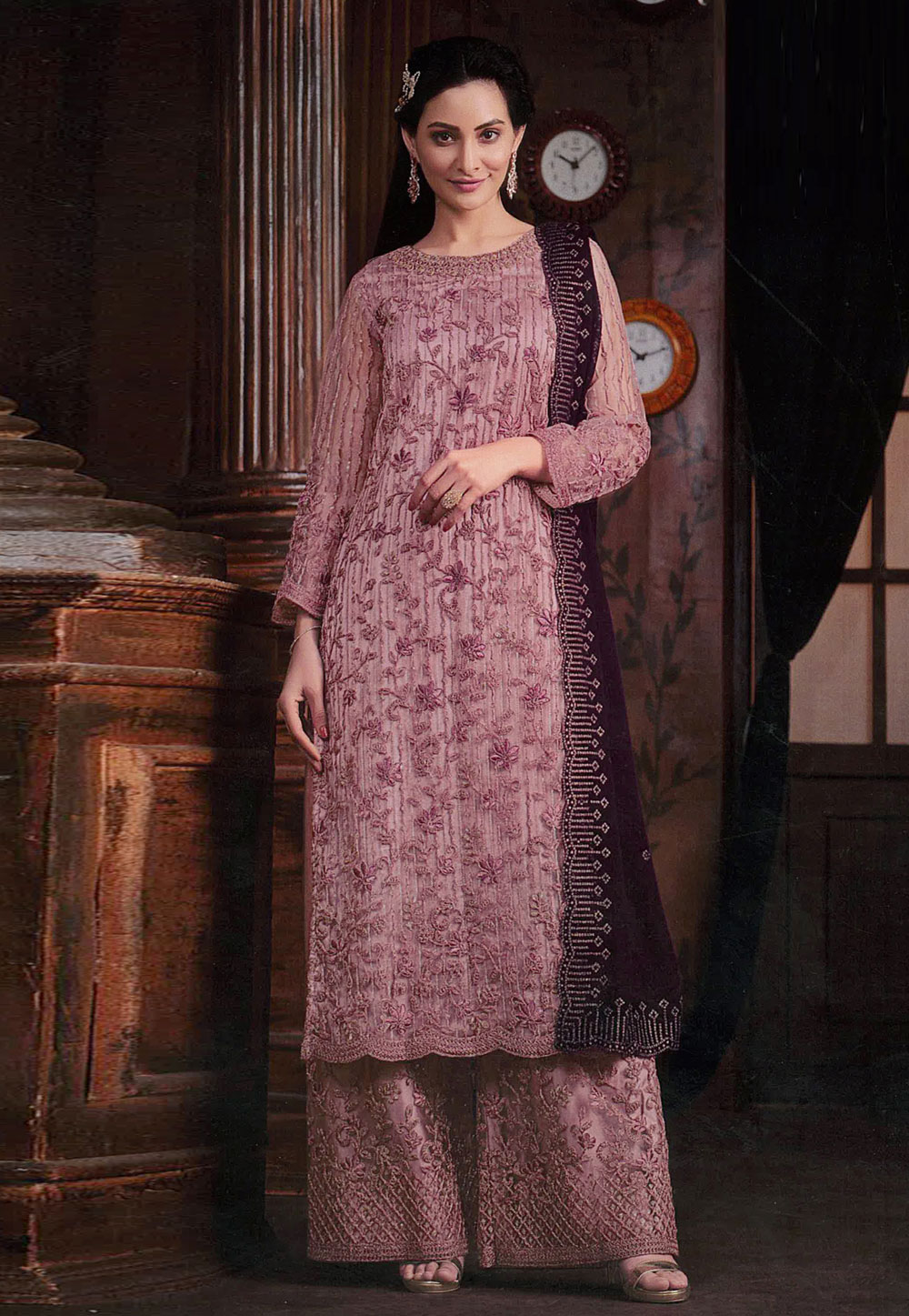 Pink Net Embroidered Pakistani Suit 284419