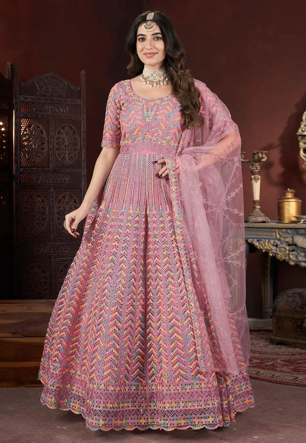 Pink Net Embroidered Readymade Long Anarkali Suit 299538