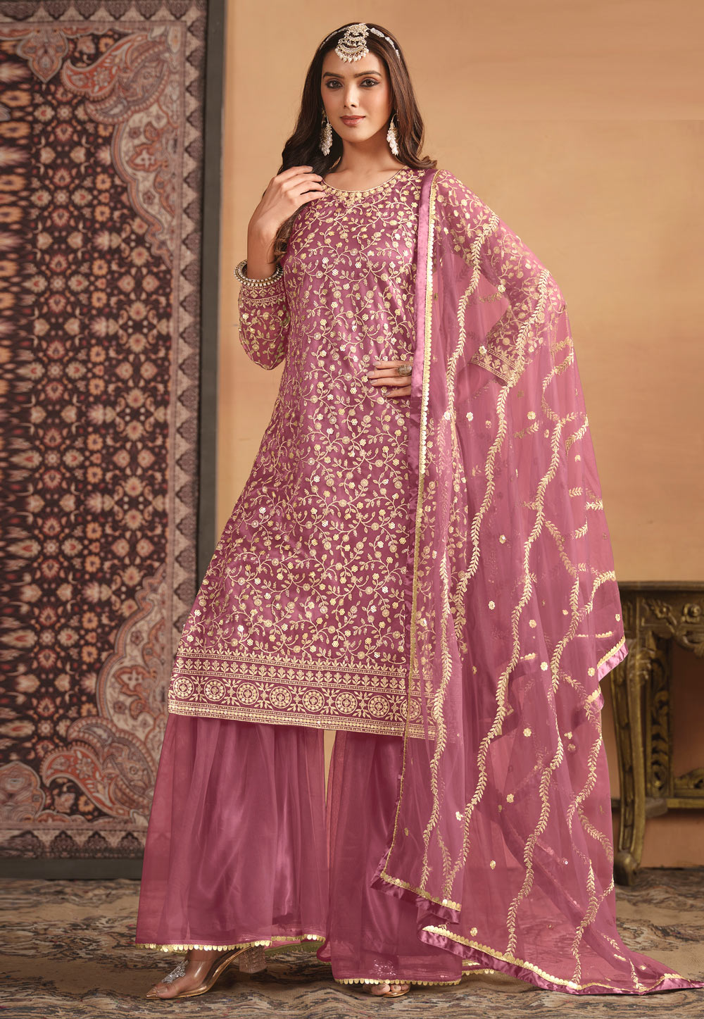Pink Net Embroidered Sharara Suit 284112