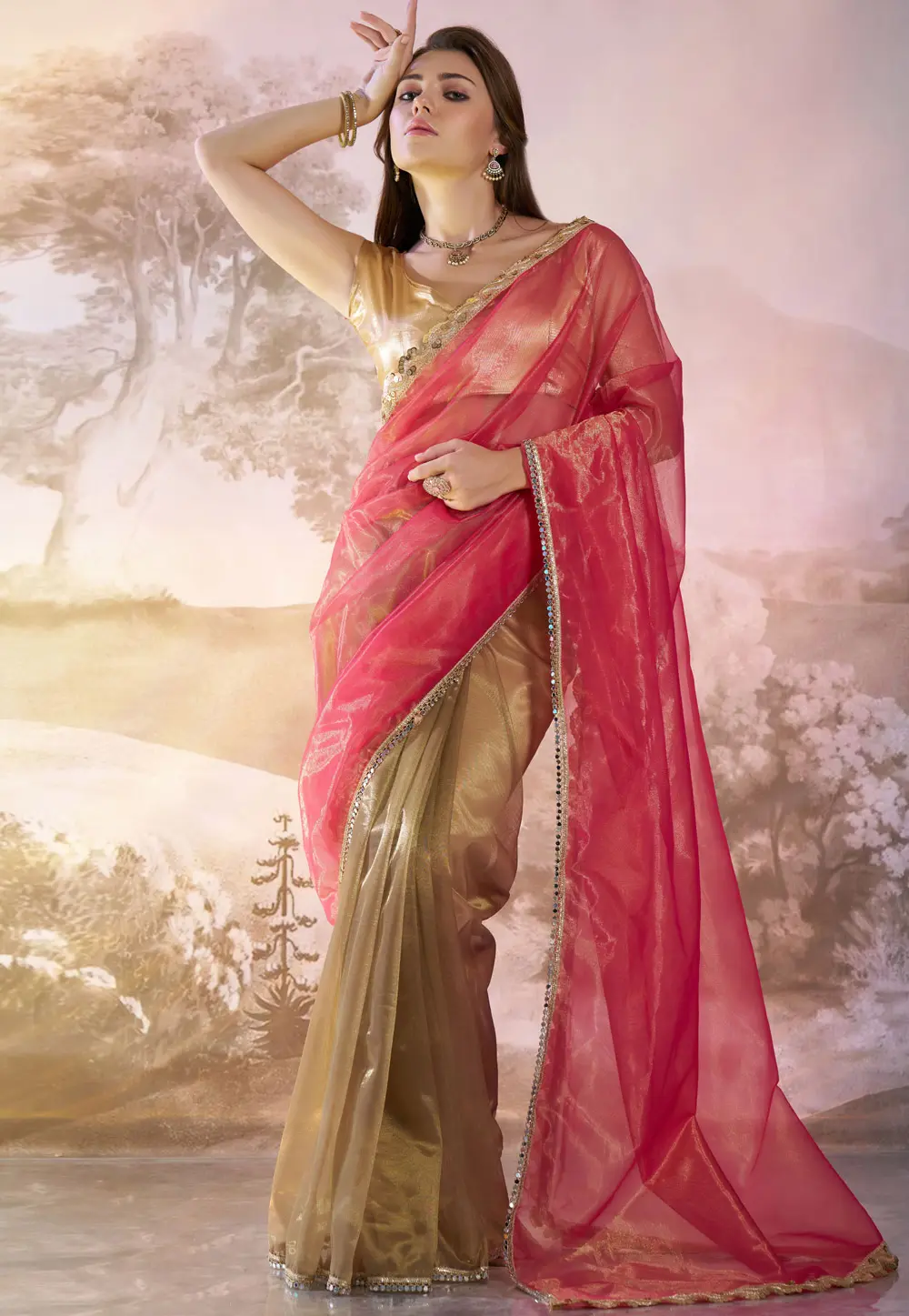 Pink Net Half N Half Saree 304541