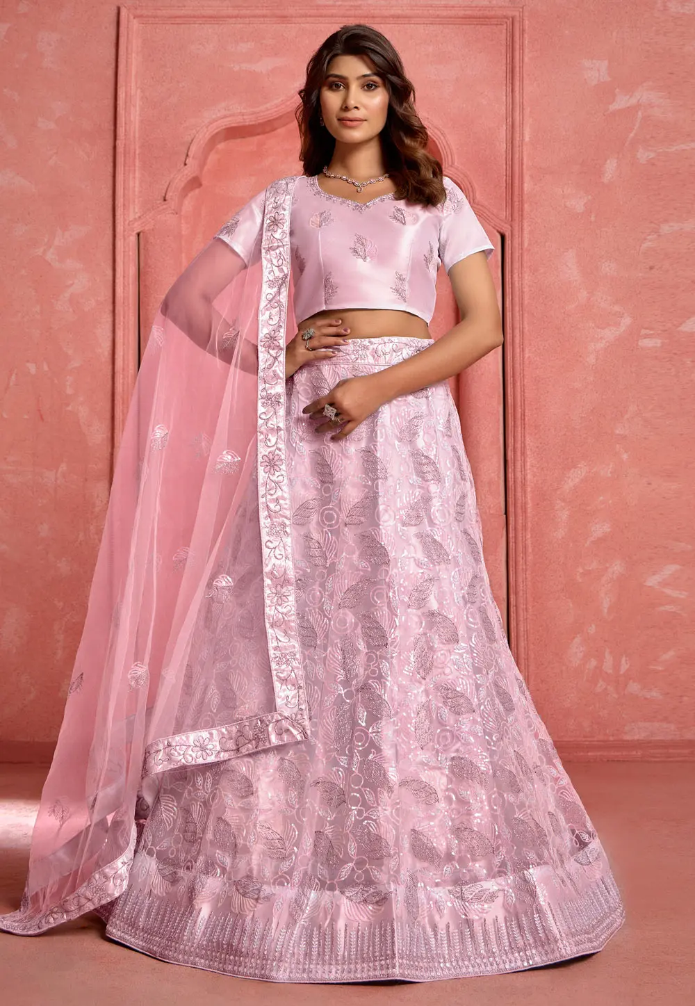 Pink Net Lehenga Choli 303353