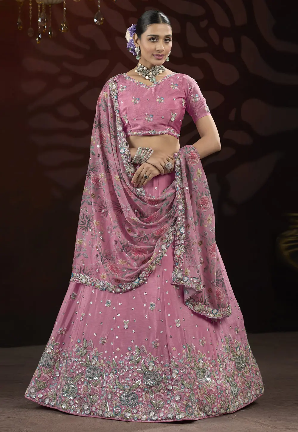 Pink Net Lehenga Choli 301764