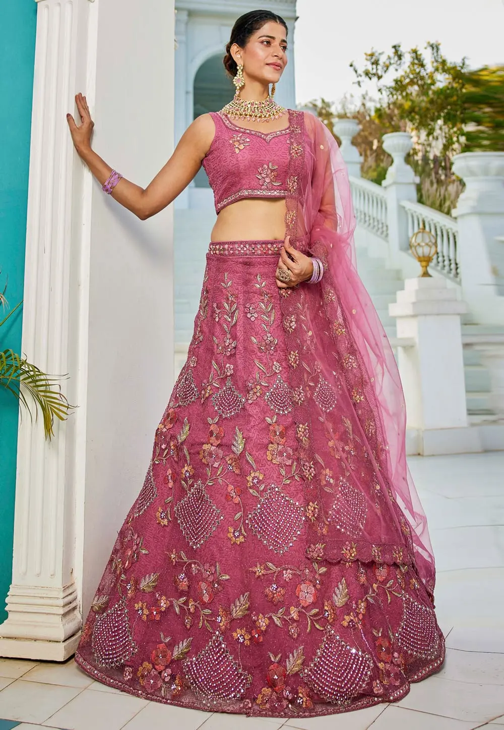 Pink Net Lehenga Choli 304199