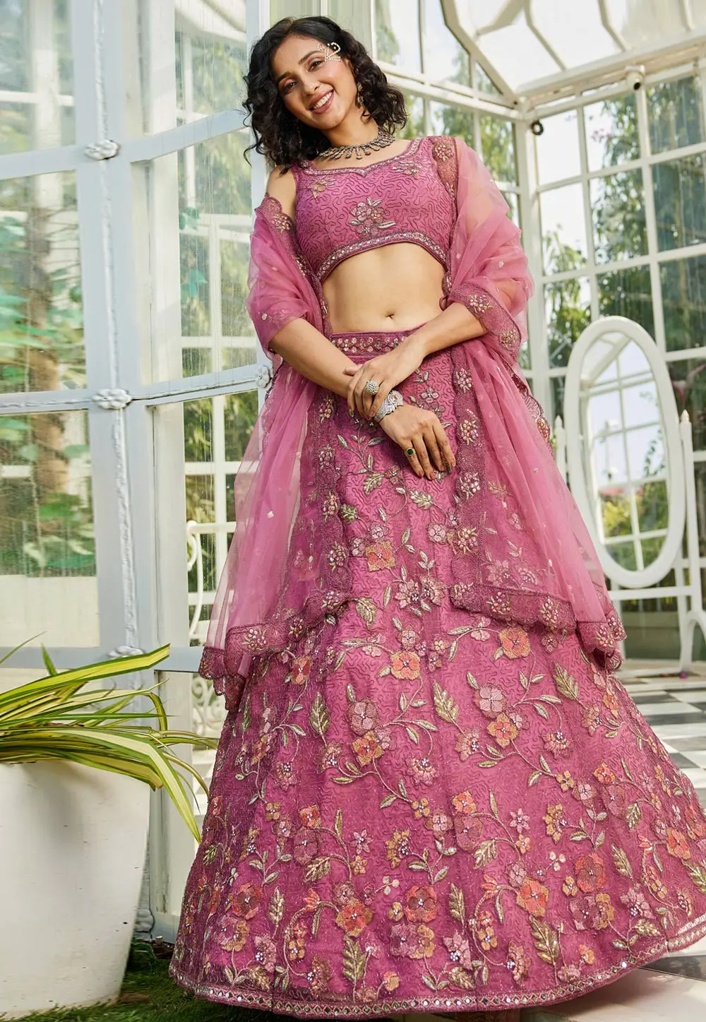 Pink Net Lehenga Choli 304205