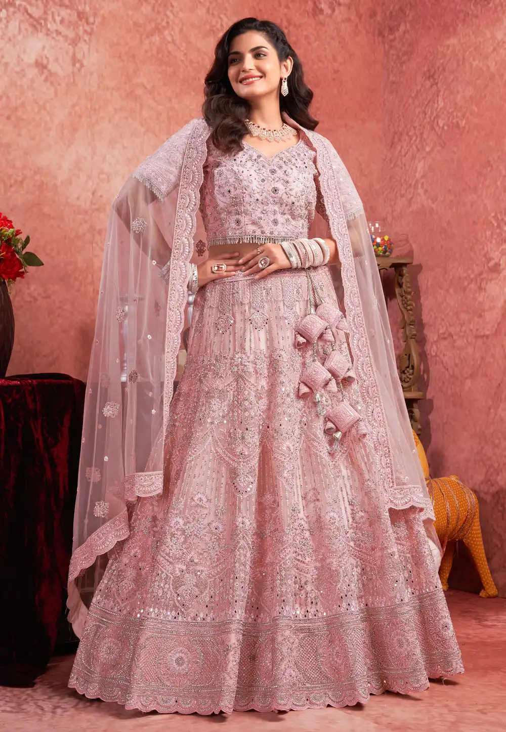 Pink Net Lehenga Choli 293547