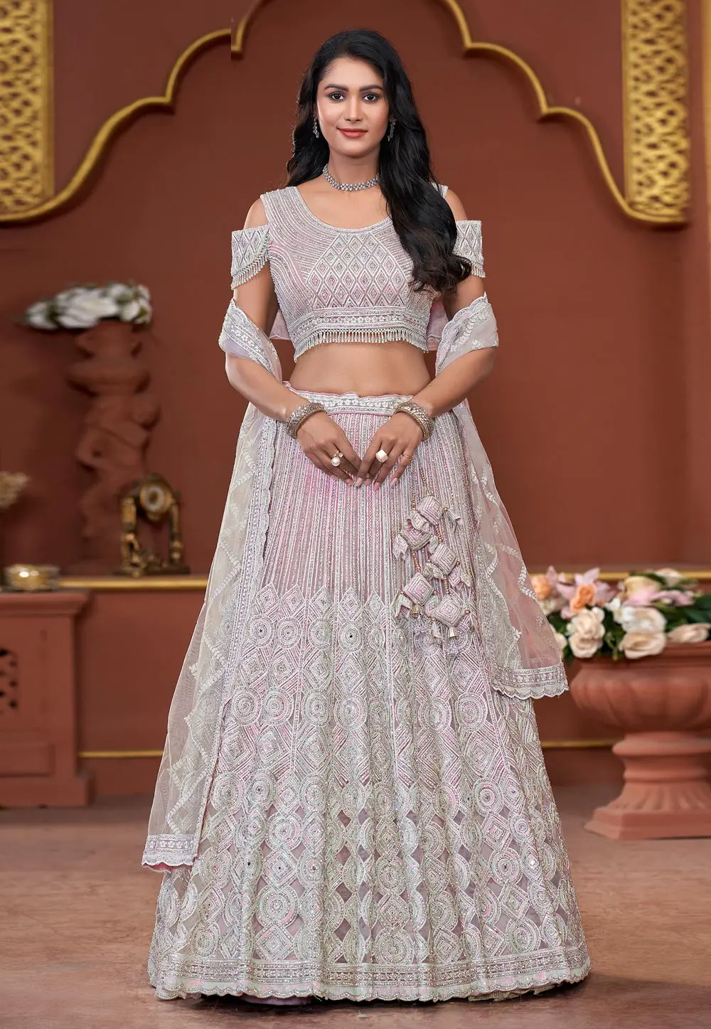 Pink Net Lehenga Choli 303907