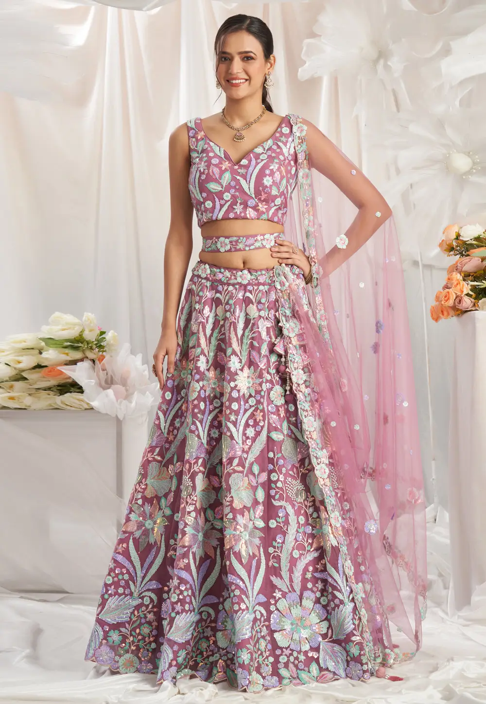 Pink Net Lehenga Choli For Wedding 295387