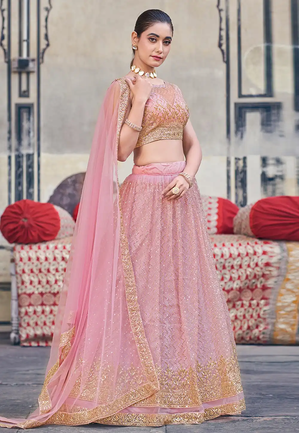 Pink Net Lehenga Choli 288125