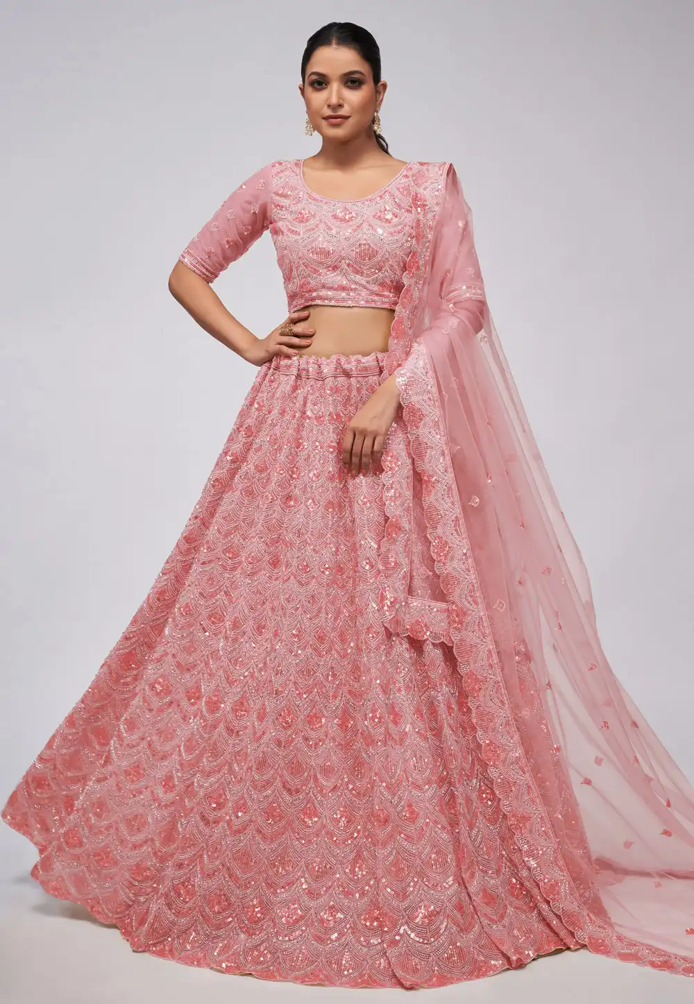 Pink Net Lehenga Choli 288587