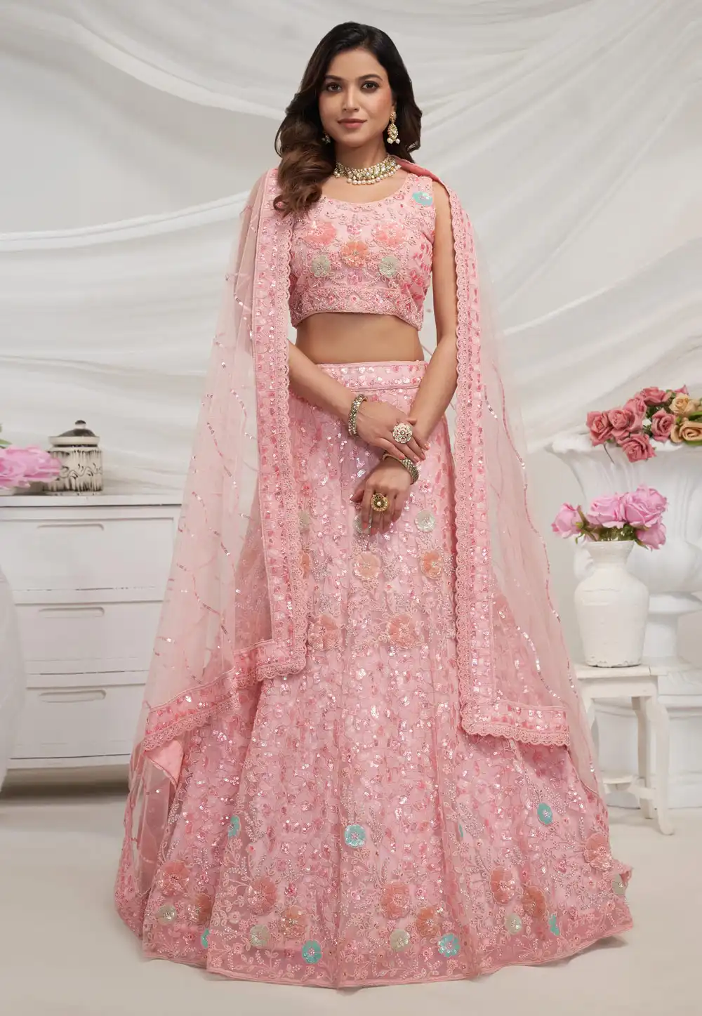 Pink Net Lehenga Choli 288589