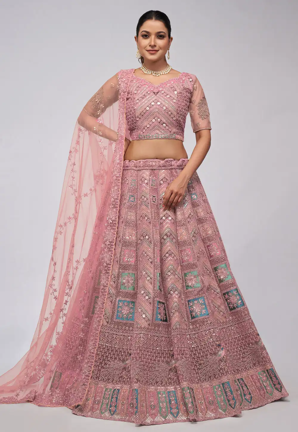 Pink Net Lehenga Choli 288607