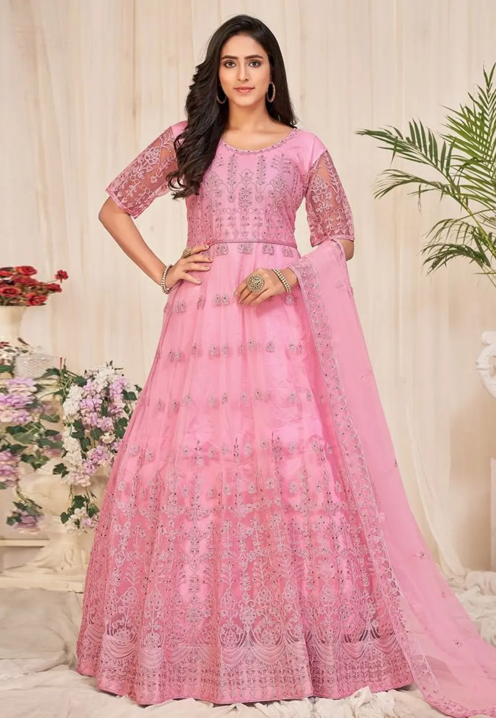 Pink Net Long Anarkali Suit 300409