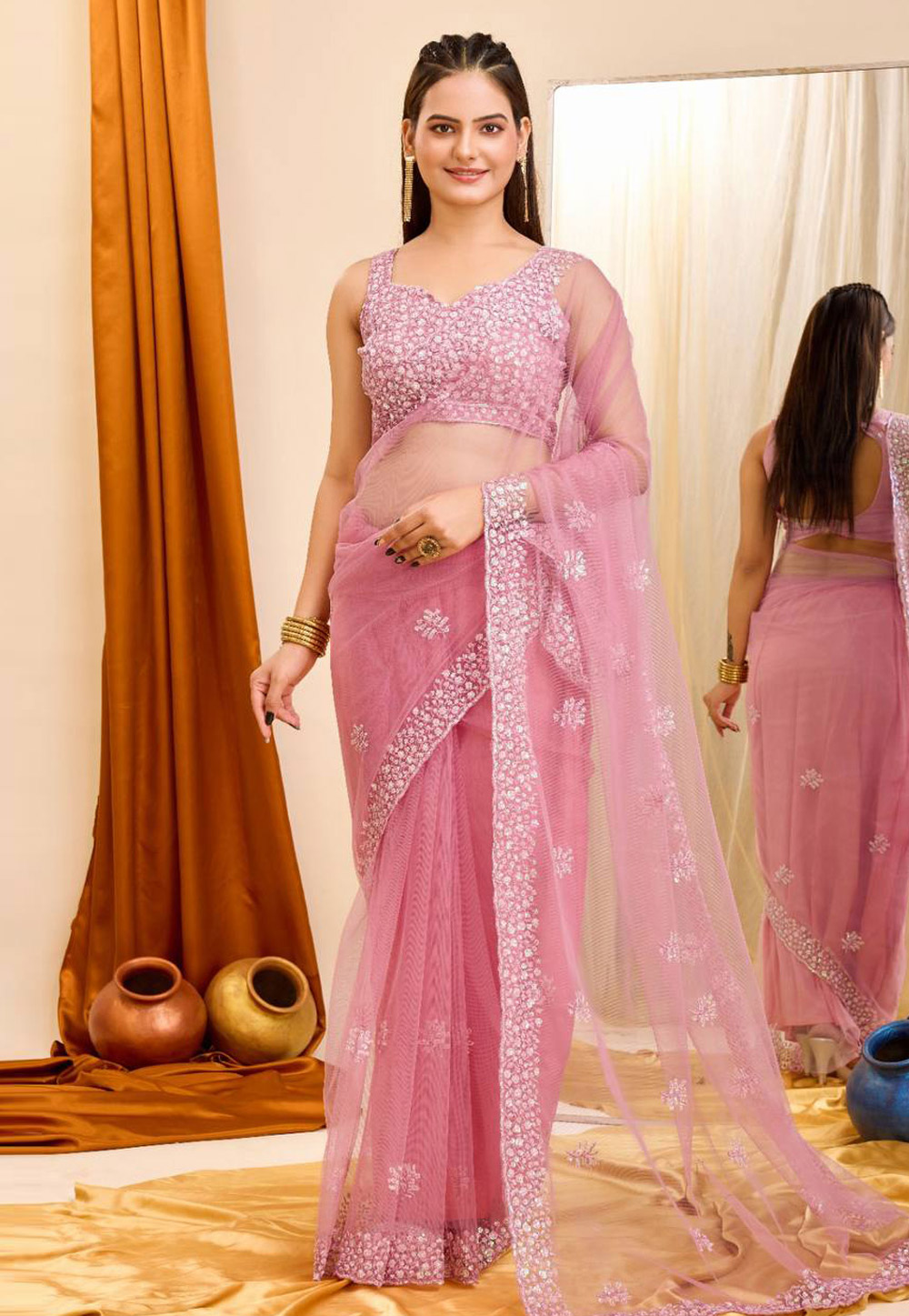 Pink Net Saree With Blouse 285222