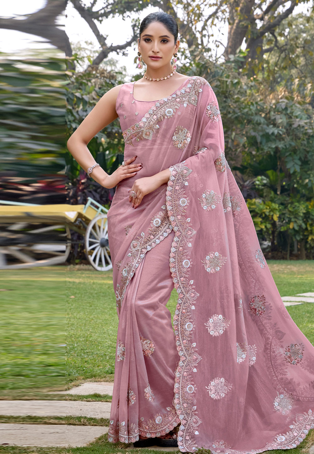 Pink Net Saree With Blouse 305653