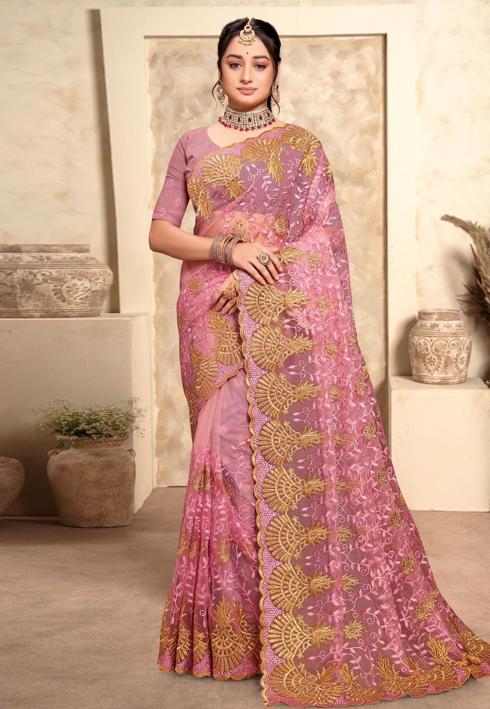 Pink Net Saree With Blouse 280320