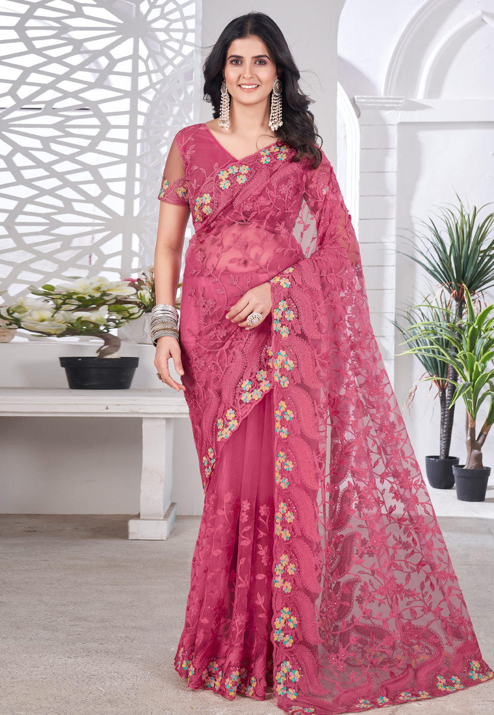 Pink Net Saree With Blouse 309836