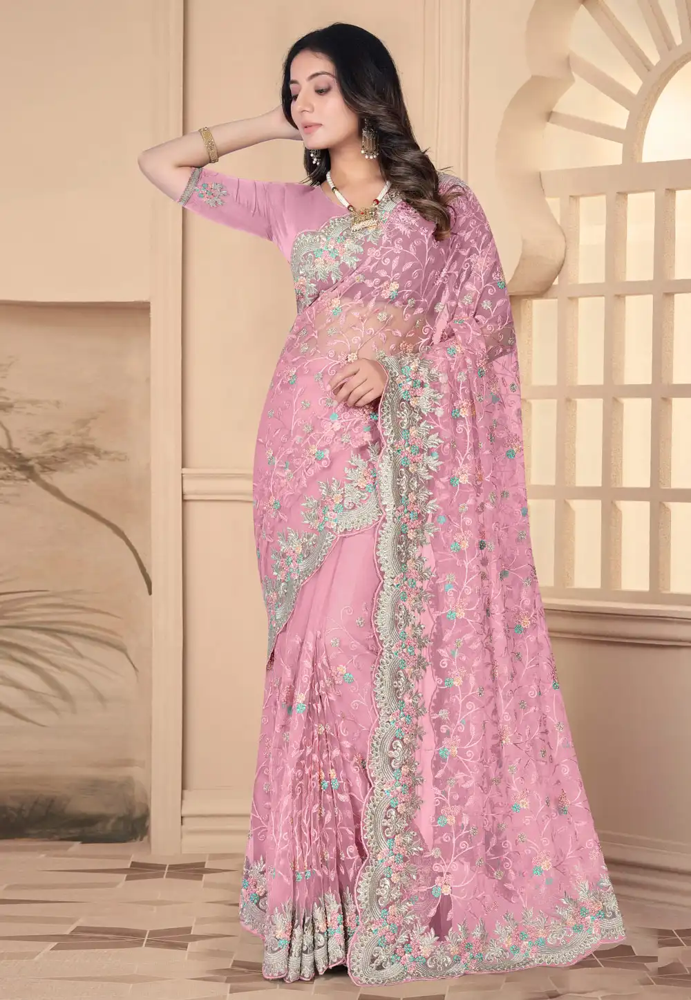 Pink Net Saree With Blouse 288262