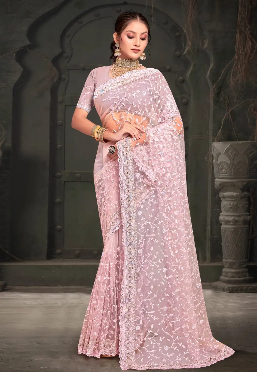 Pink Net Saree With Blouse 293743