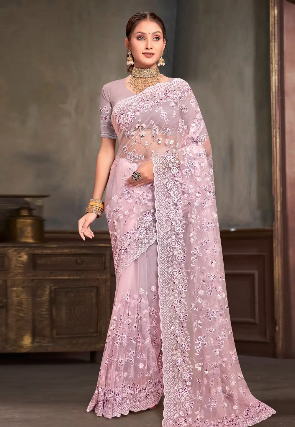 Pink Net Saree With Blouse 293748