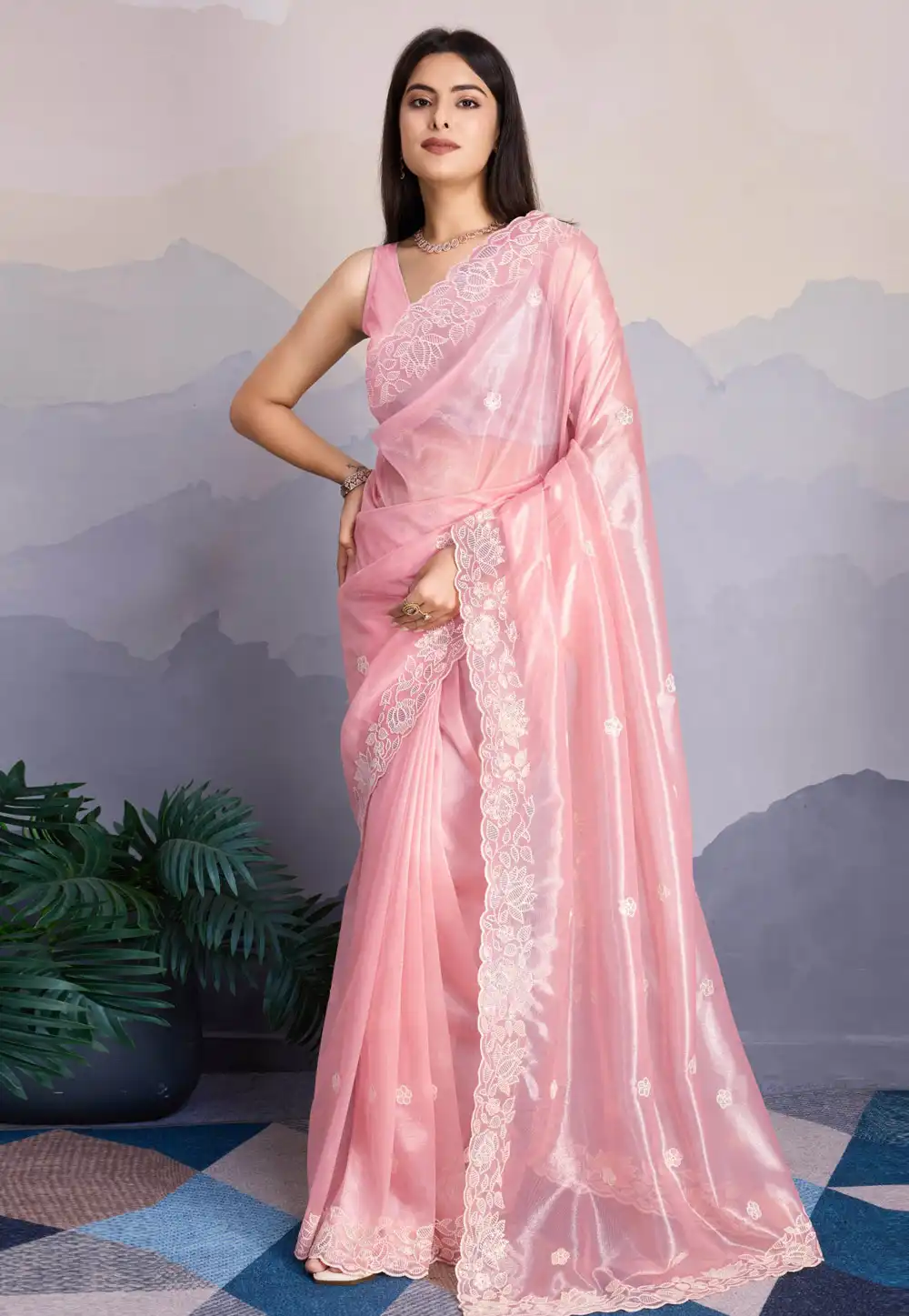 Pink Net Saree With Blouse 293890