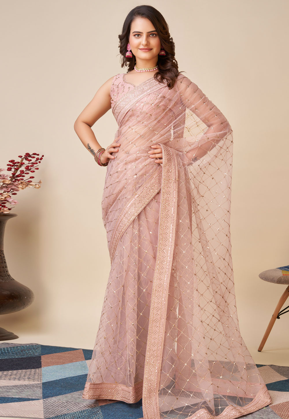 Pink Net Saree With Blouse 287539