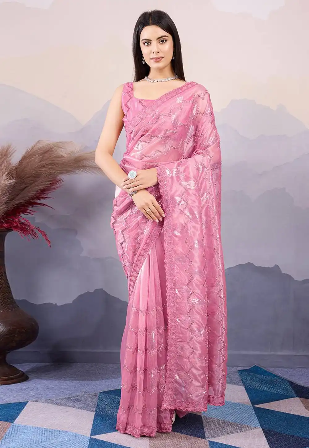 Pink Net Saree With Blouse 294782