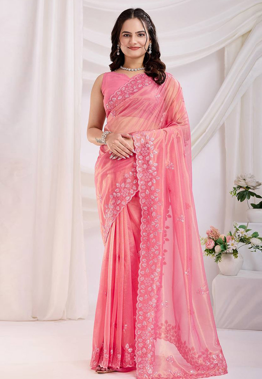 Pink Net Saree With Blouse 304975