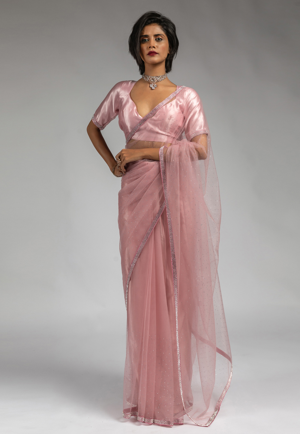 Pink Net Saree With Blouse 309352