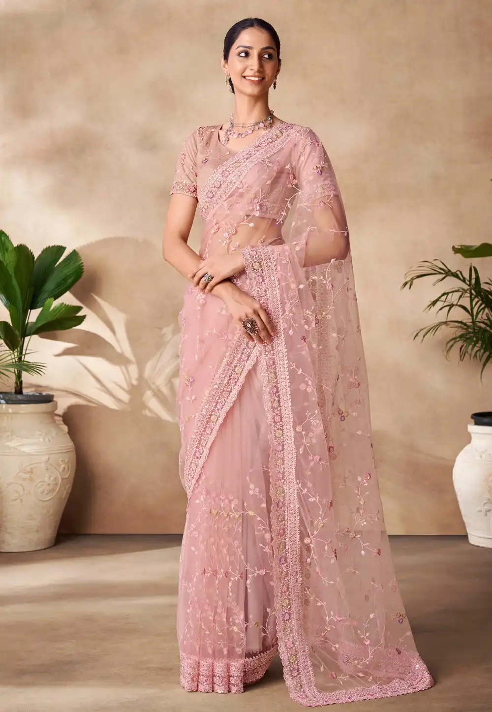 Pink Net Saree With Blouse 288561