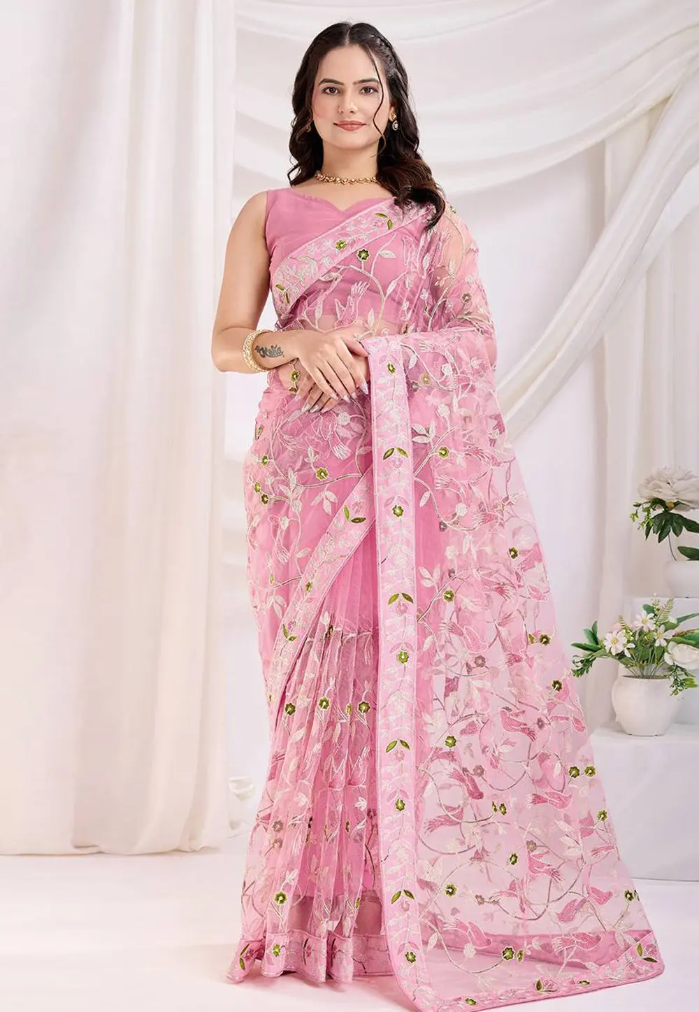 Pink Net Saree With Blouse 303260