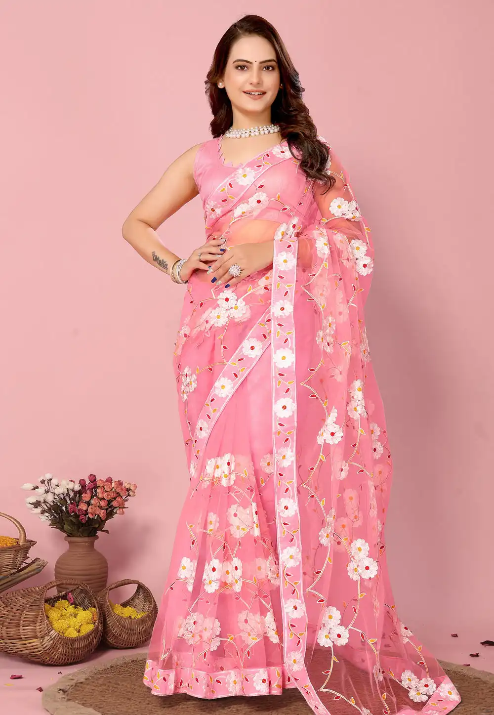 Pink Net Saree With Blouse 289965