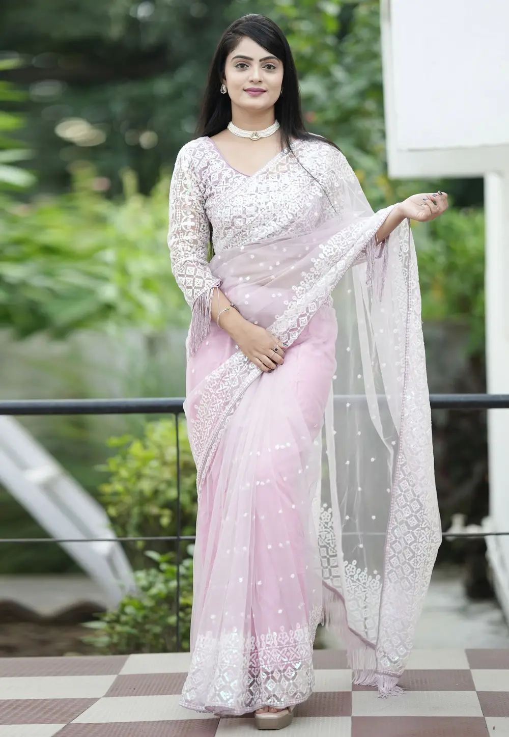 Pink Net Saree With Blouse 297196