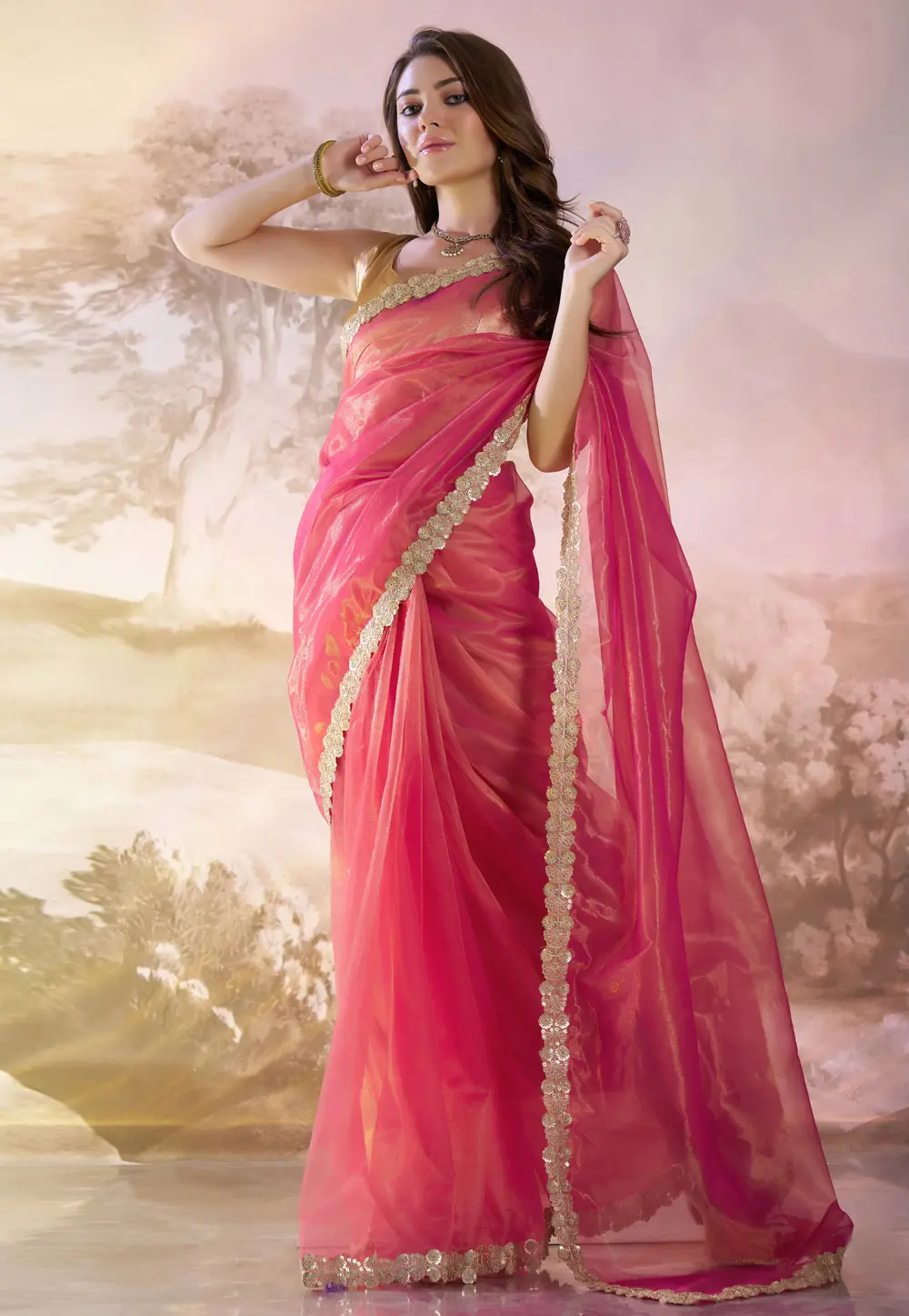 Pink Net Saree With Blouse 304538