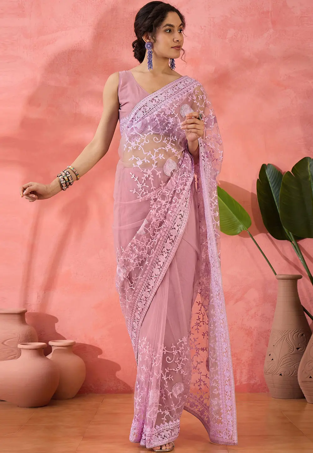 Pink Net Saree With Blouse 304661