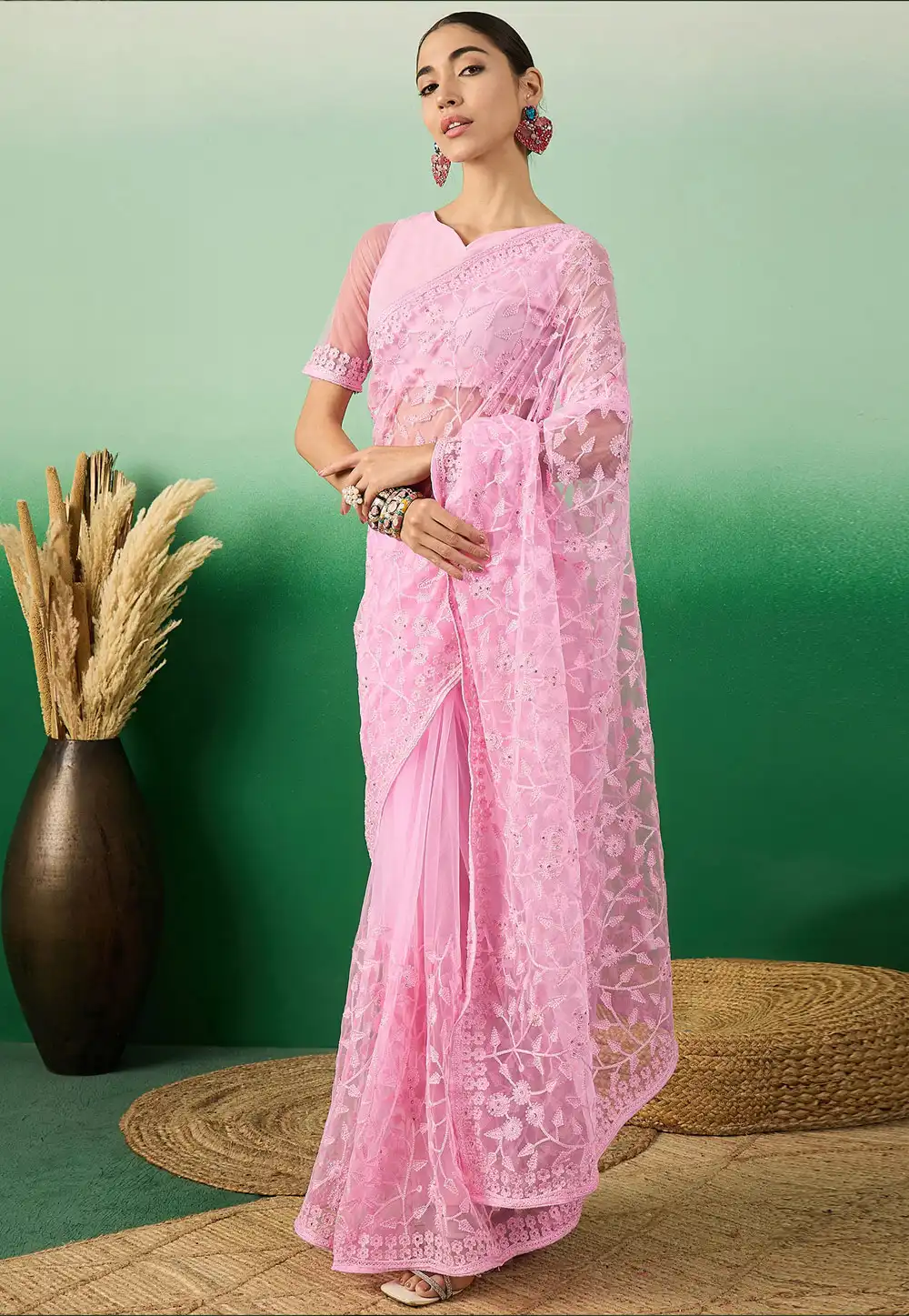 Pink Net Saree With Blouse 289756