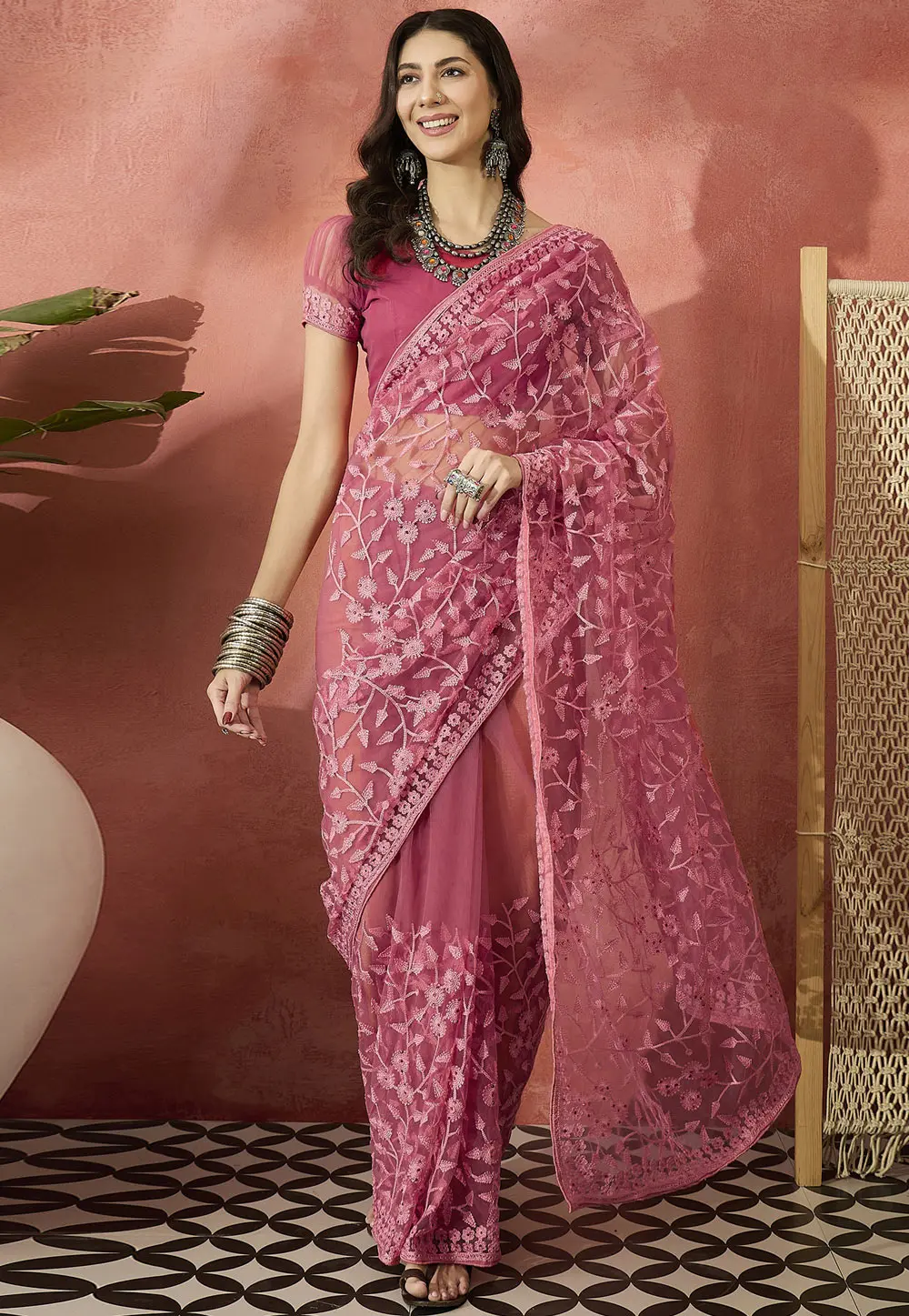 Pink Net Saree With Blouse 304670