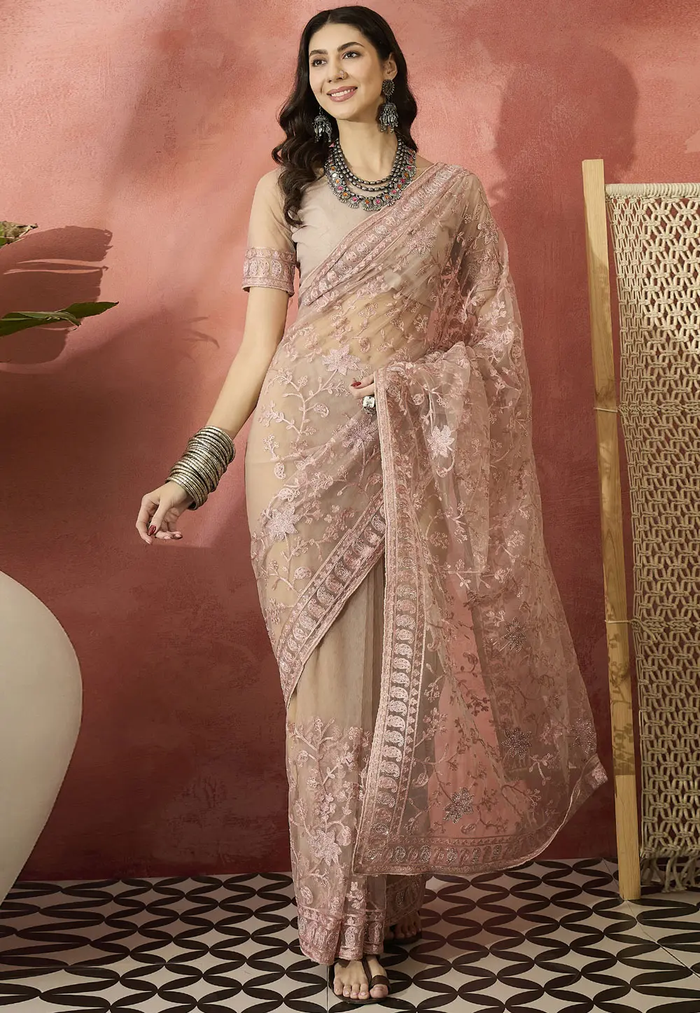 Pink Net Saree With Blouse 304673