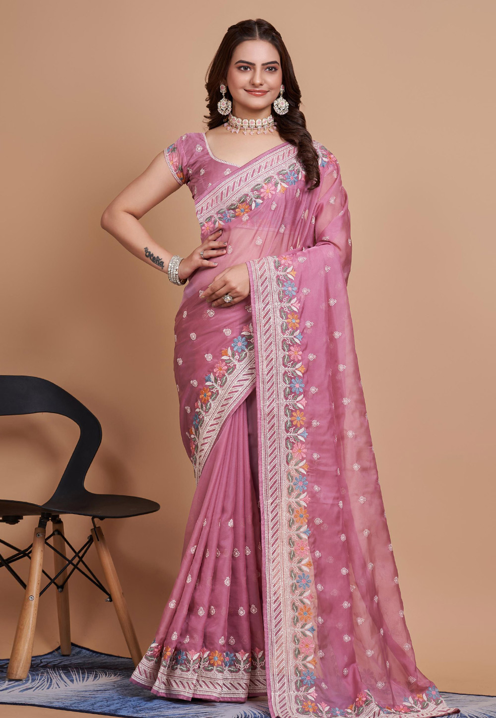 Pink Net Saree With Blouse 283424