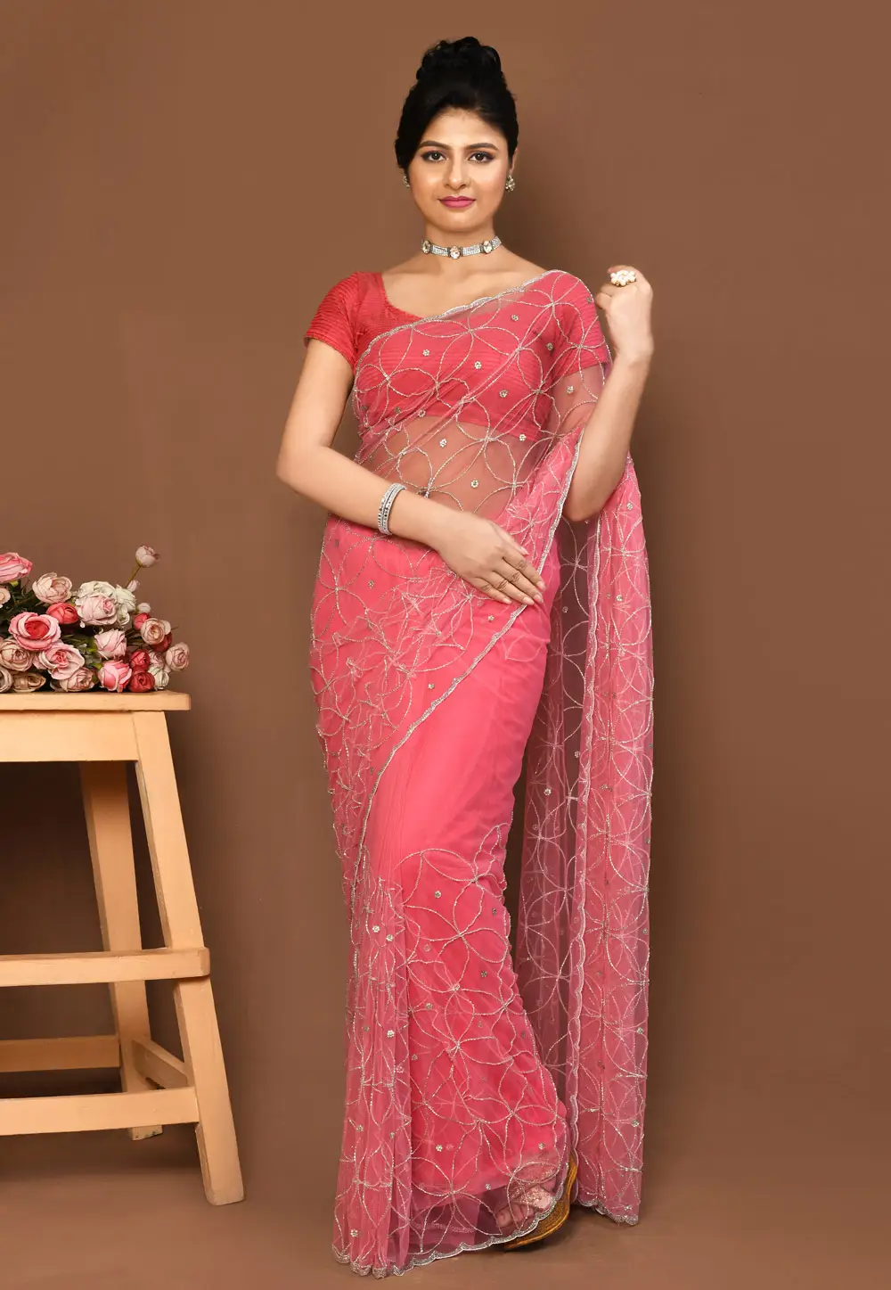 Pink Net Saree With Blouse 295966