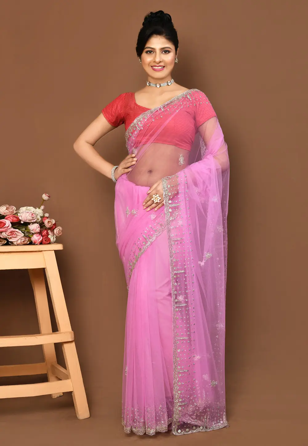 Pink Net Saree With Blouse 295994