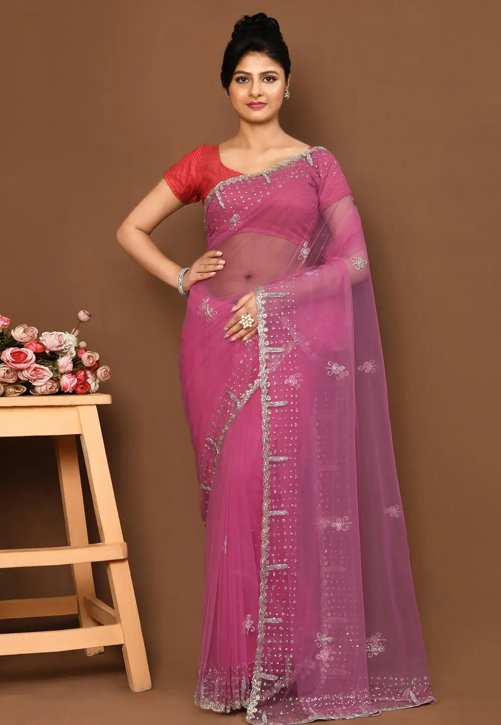 Pink Net Saree With Blouse 295995