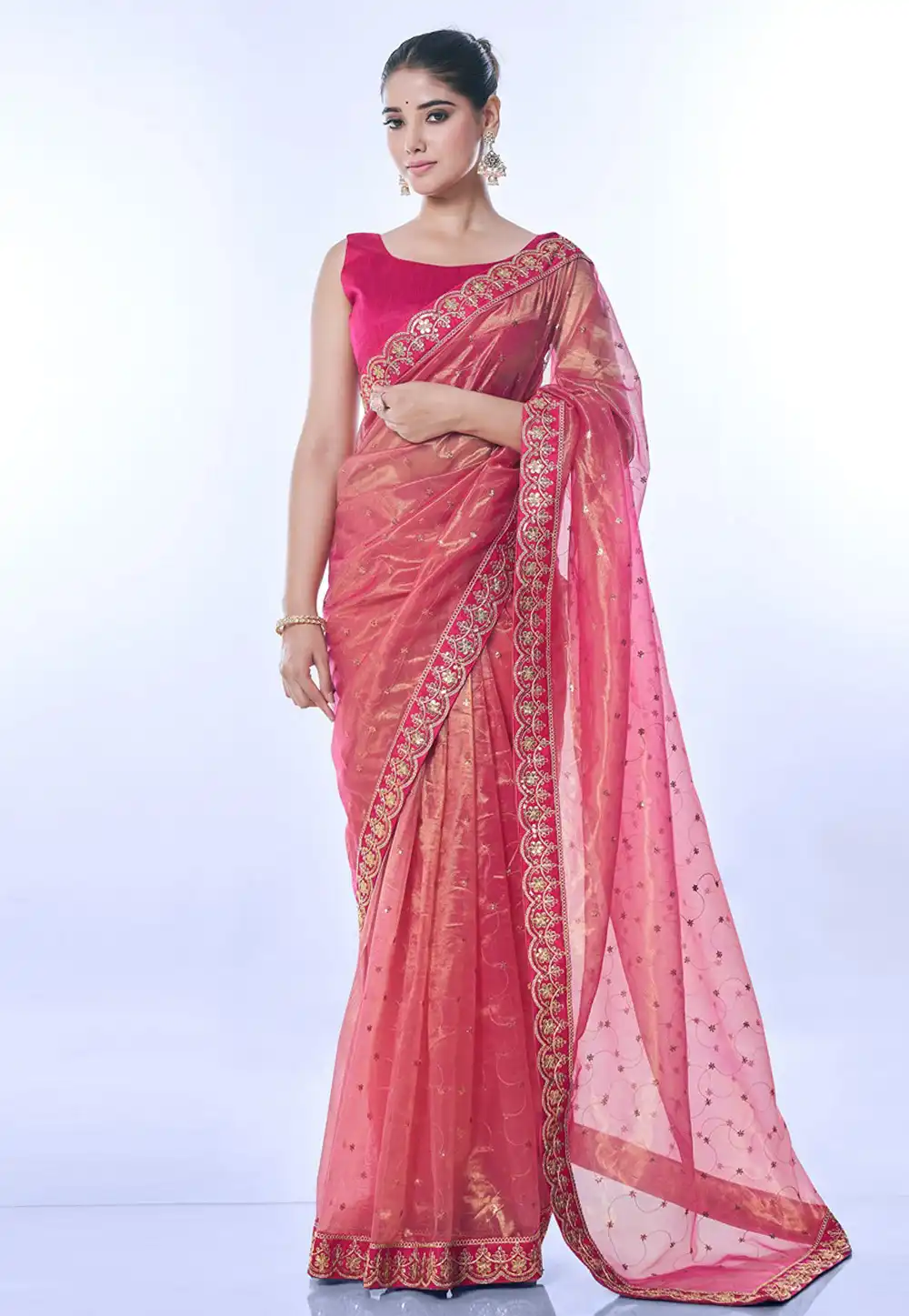 Pink Net Saree With Blouse 291499