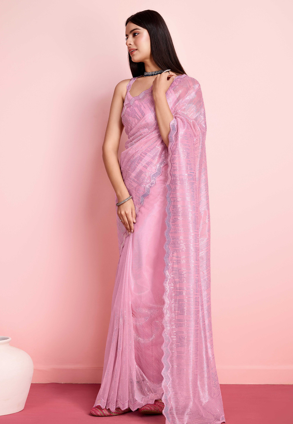 Pink Net Sequence Saree 287168