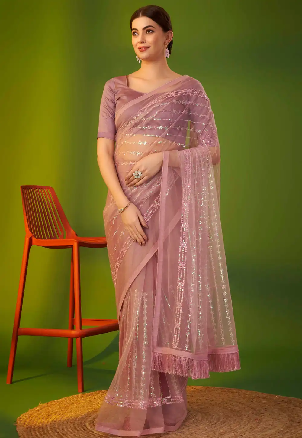 Pink Net Sequence Saree 291946