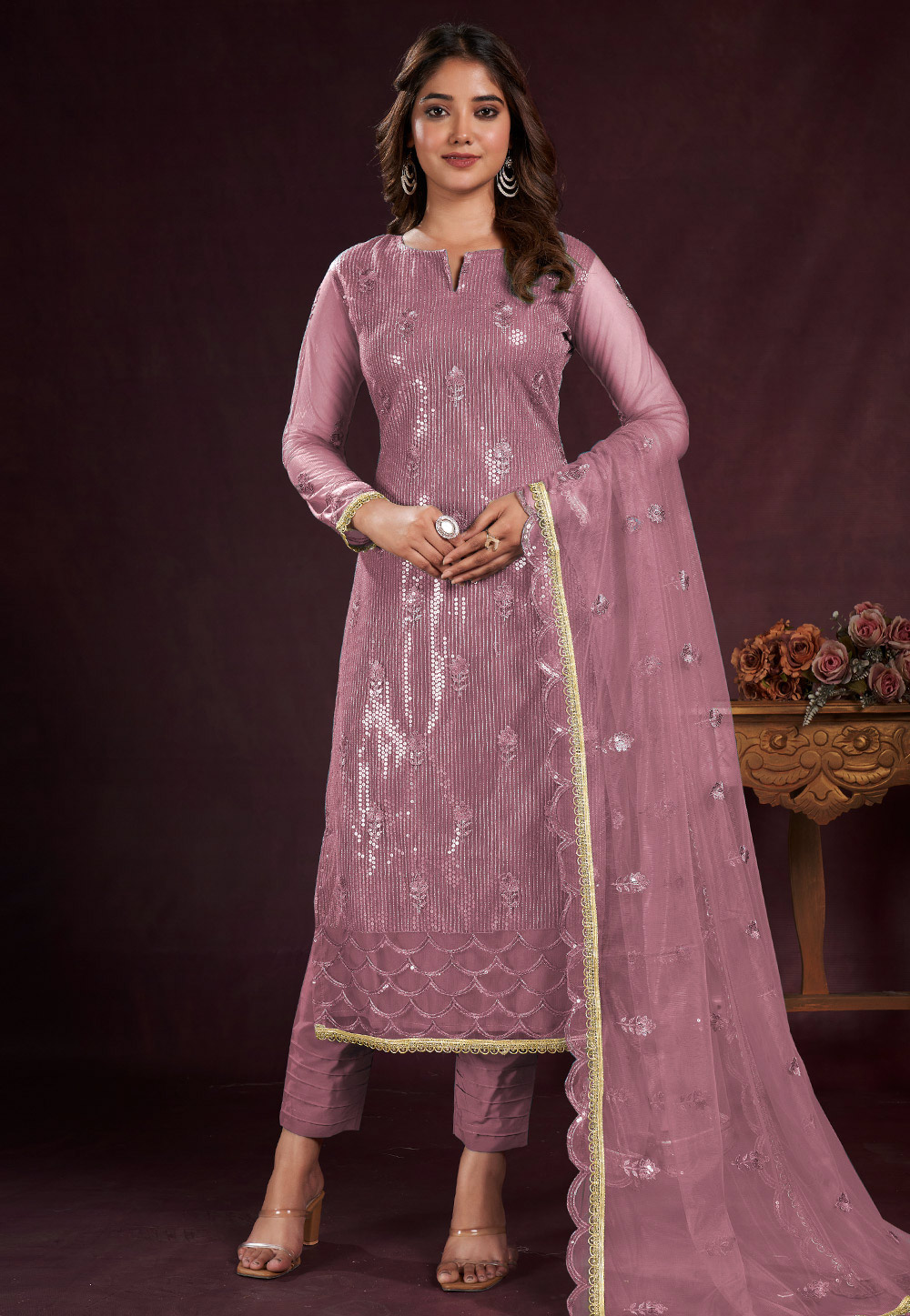 Pink Net Straight Suit 281298