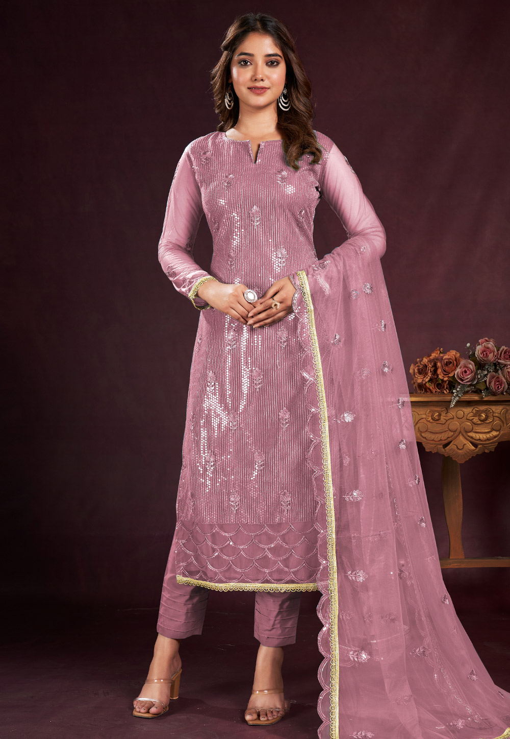 Pink Net Straight Suit 281298