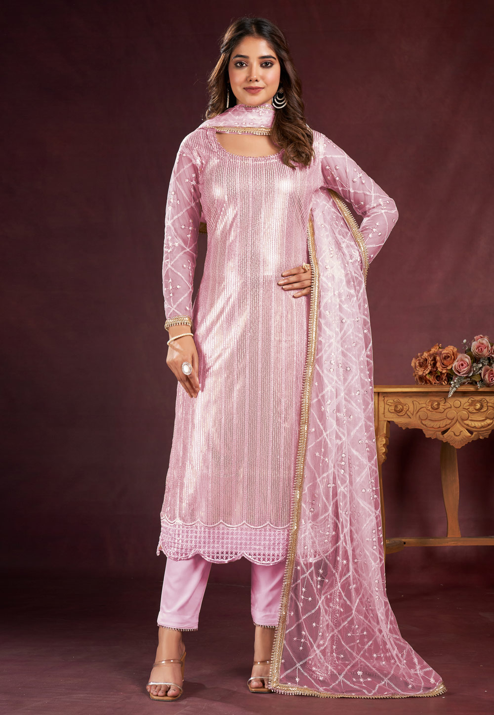 Pink Net Straight Suit 281307